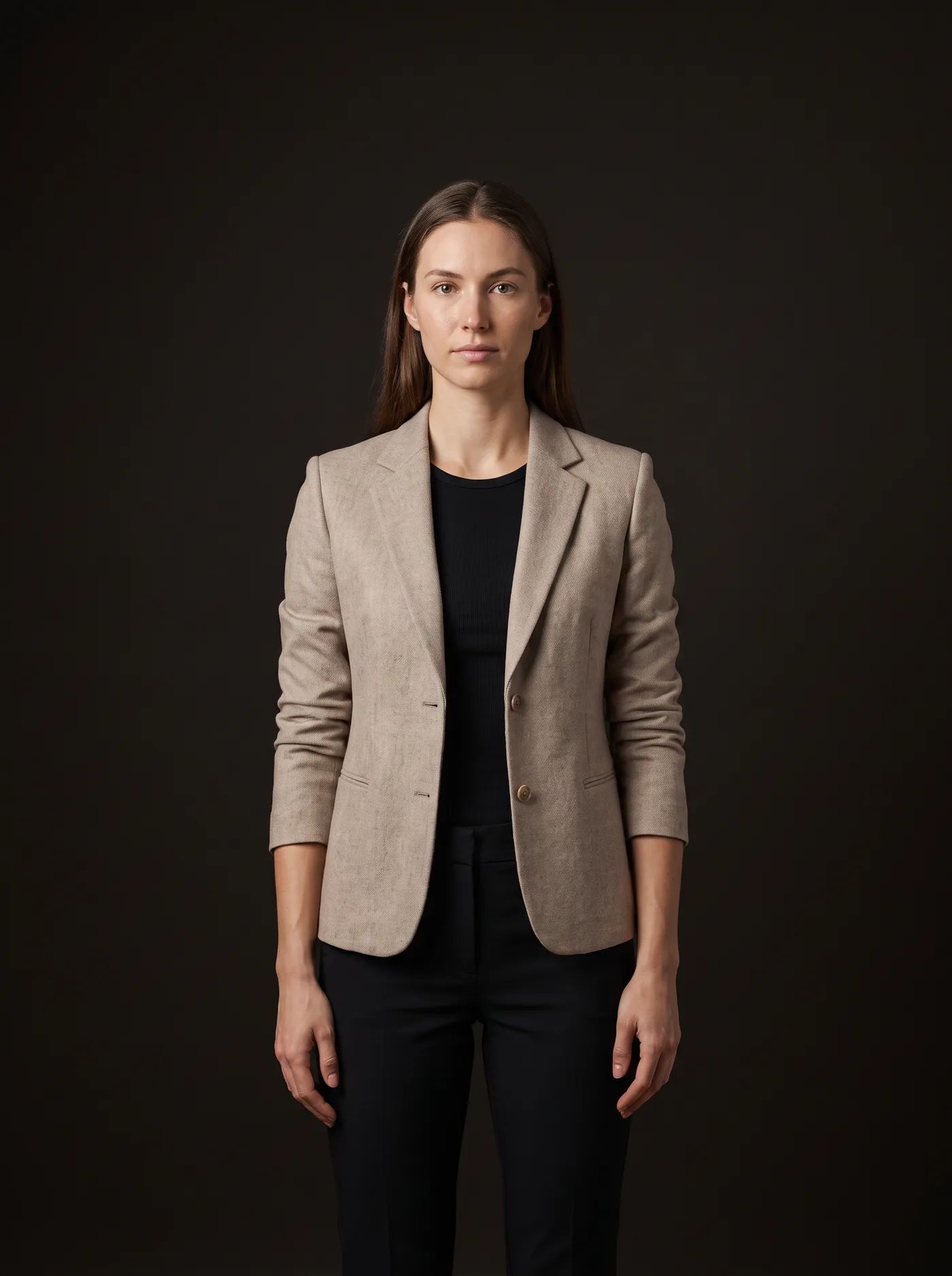 Size M blazer that is too short on a woman